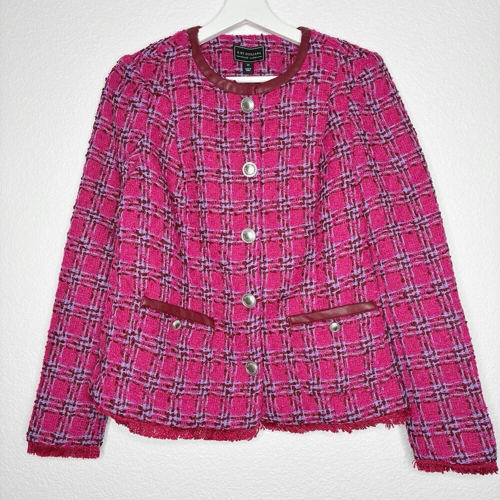 G by Giuliana Pink Plaid Tweed Fringe Blazer XS NWT